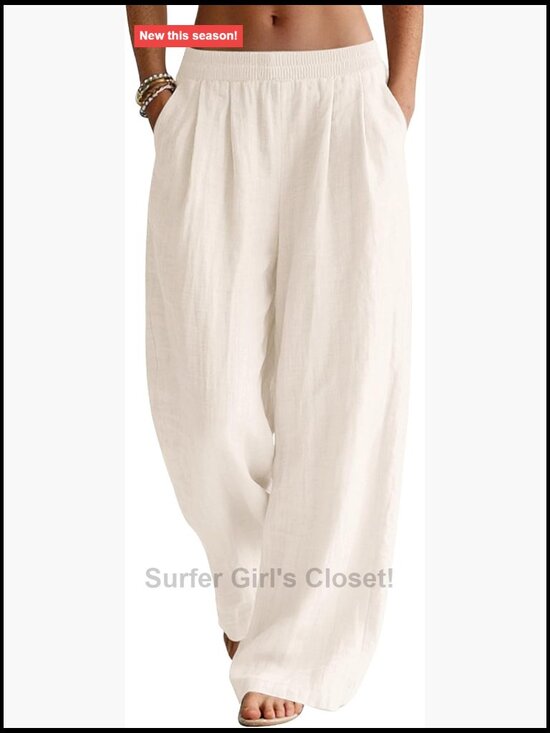 Pants - Wide Leg Linen Blend Palazzo Pants with Pockets Elastic Waist